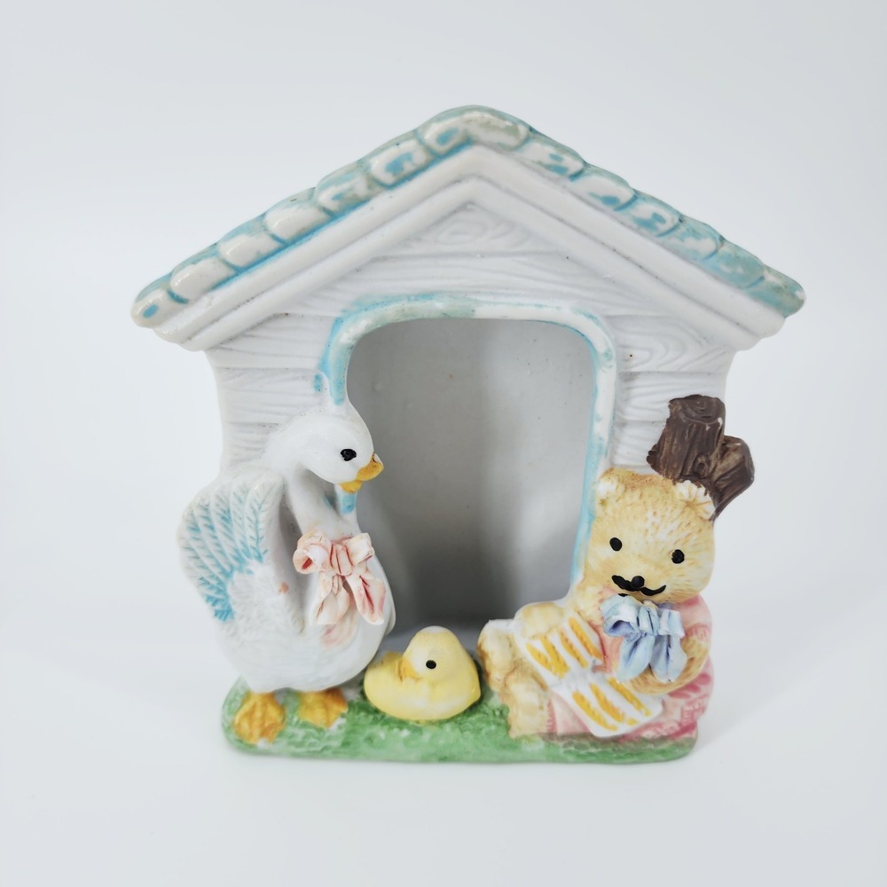 Vintage Ceramic Mini Picture Frame Teddy Bear & Mother Goose Nursery Theme 5x5in